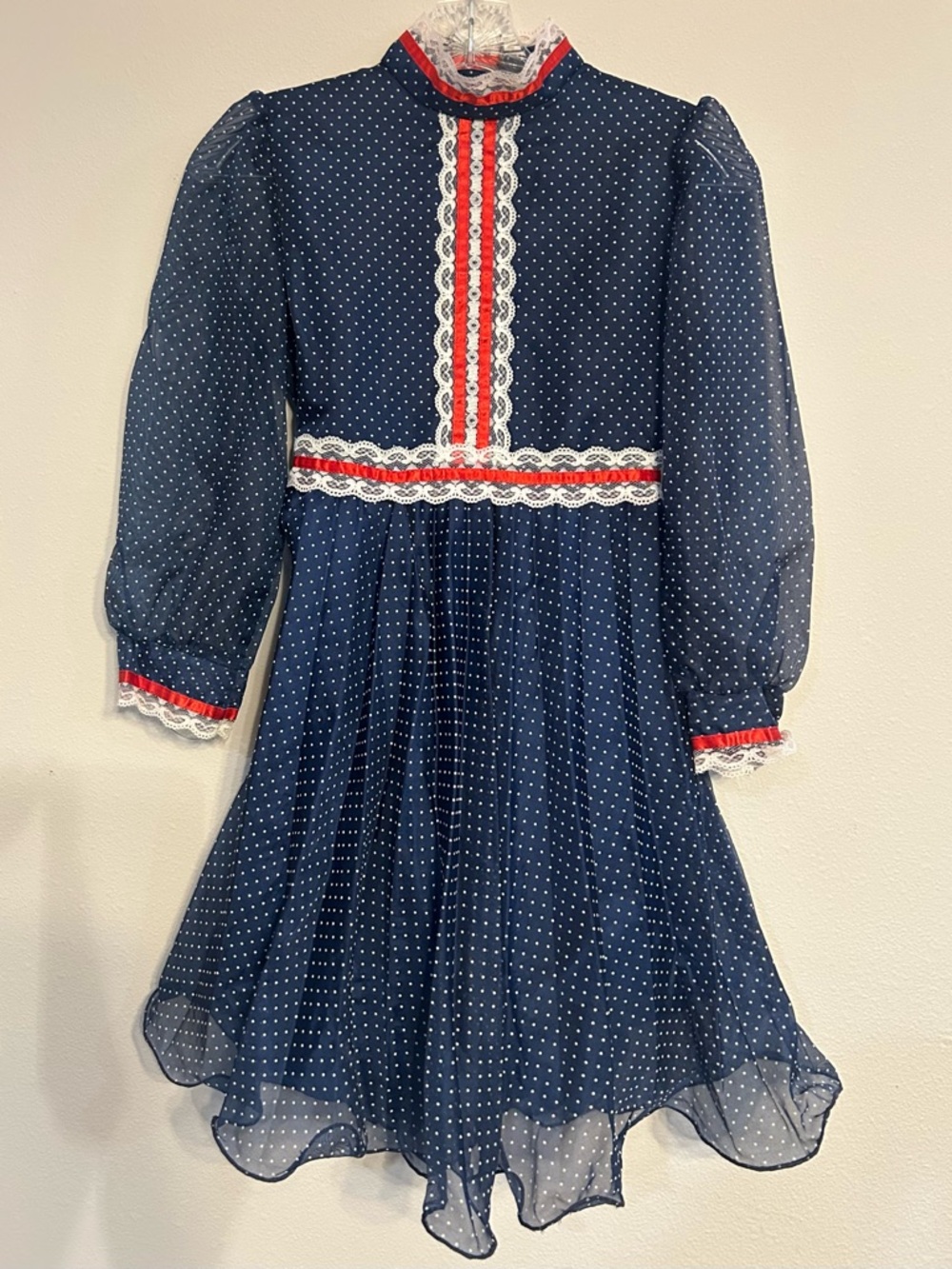 In Style Vintage Navy Polka Dot Dress with Red Trim and Lace
